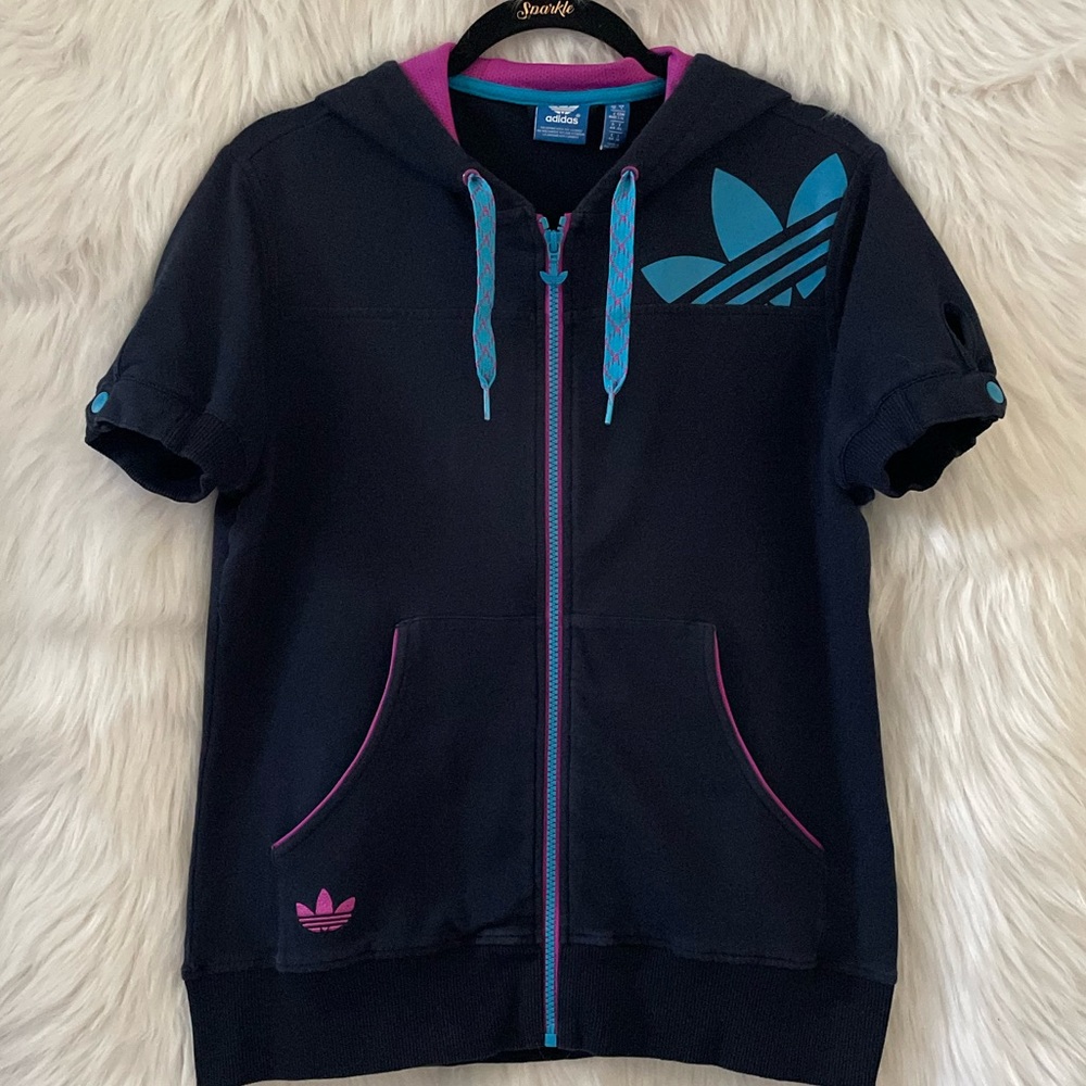 Adidas Short Sleeve Full Zip Hoodie (Blue Turquoise/Vivid Pink Size M) Pre-owned